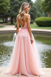 Rosa A-Linie Spaghettiträger Langes Ballkleid mit Spitze
